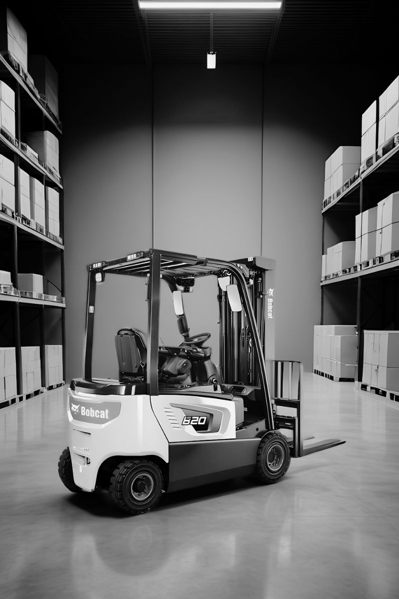 black and white image of forklift in a warehouse